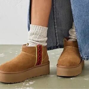 UGG Tan Platform Shoes with Red Accents